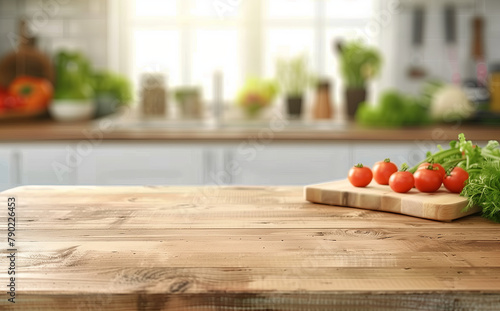 Empty wooden table top with blurred kitchen interior background for product display montage, white color theme, focusing on the tabletop, with light and shadow effects. 