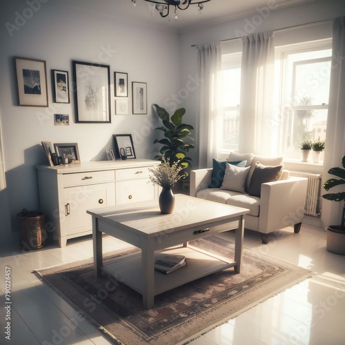 A cozy and well-lit living room featuring a white sofa, a wooden coffee table, and elegant decor. Sunlight streams through large windows, enhancing the serene ambiance. © home 3d