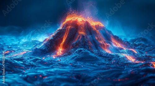 Erupting volcano illuminated in captivating blue light creating a magical landscape