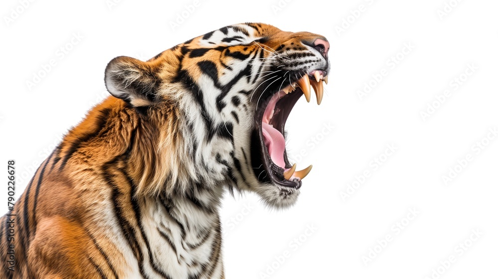 Obraz premium Ferocious tiger roaring with mouth wide open against pristine white backdrop
