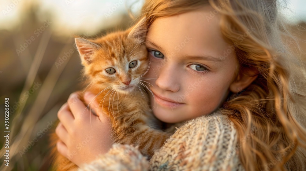 Young girl holding a small orange kitten. Moment of innocence, love and the simple joy of a child's interaction with an animal pet.