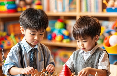 two asian children in montessory day care center playing with colored wooden block construction photo