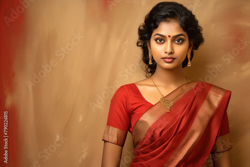 Young indian woman in traditional red color saree © Neha
