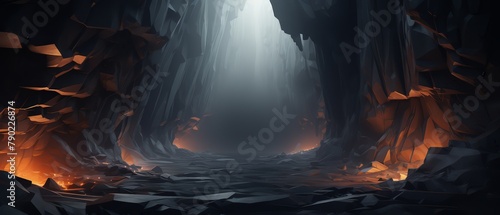 Realistic 3D canyon with geometric rocks, minimalist dark style,