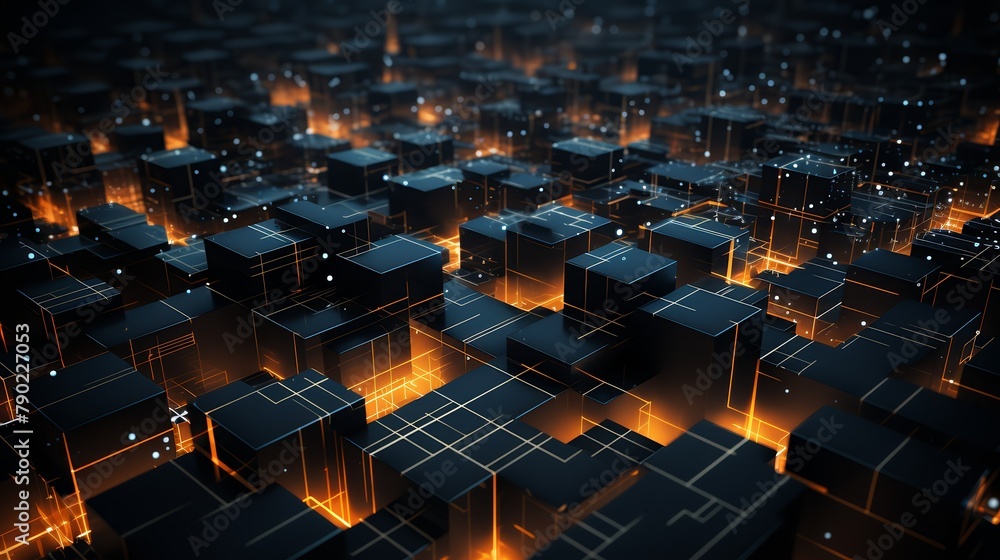 Obraz premium Realistic 3D squares forming a dark, geometric minimalist map of the internet,