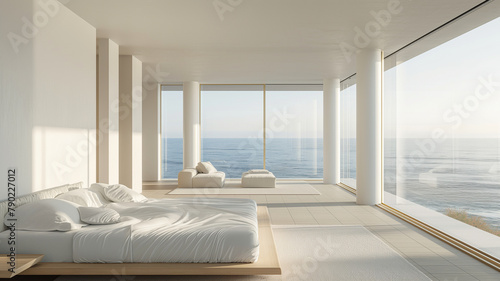 A large  white bedroom with a view of the ocean
