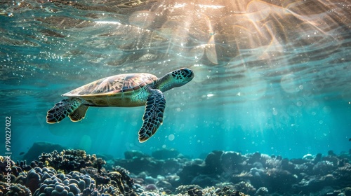 Kemps ridley sea turtle swims near coral reef in the underwater habitat photo
