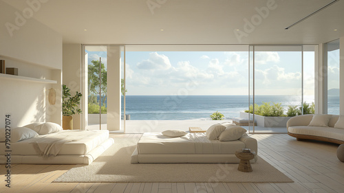 A large open living room with a view of the ocean