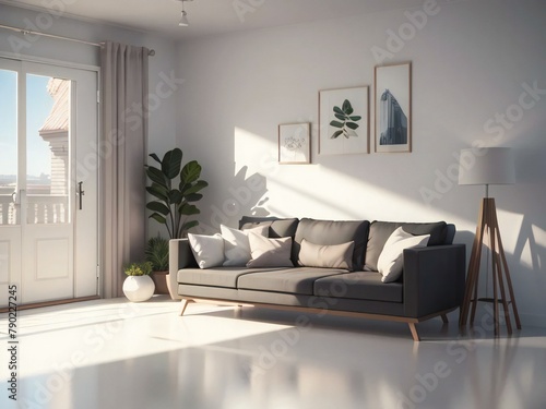 Modern living room with a gray sofa  wooden floor  and large windows allowing natural light to illuminate the space. Decor includes a floor lamp  framed artwork  and indoor plants.