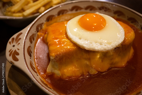 The iconic Portuguese French Sandwich also known as "Francesinha Especial", Porto, Portugal.