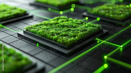 circuit board with green grass and glowing green lines