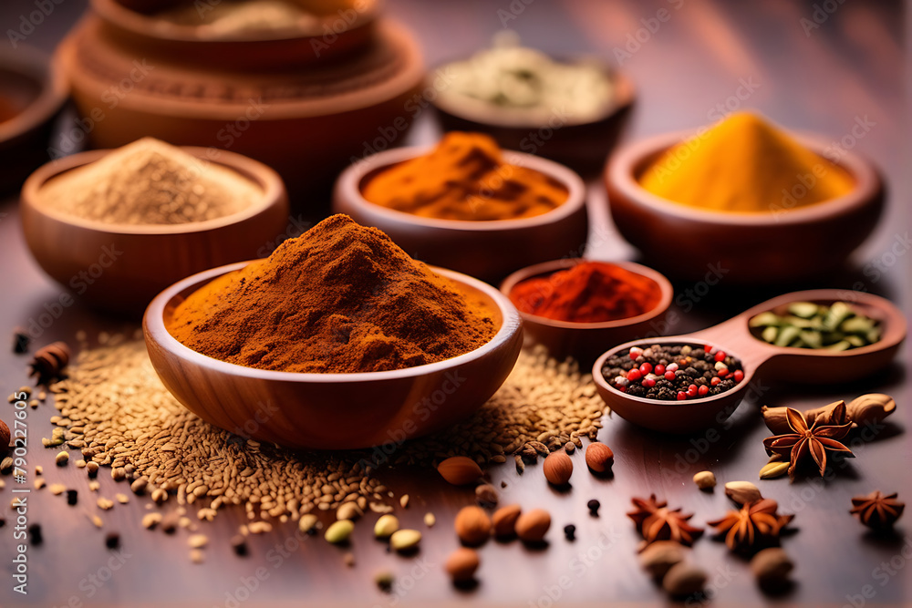 Indian Garam Masala Powder, Indian spices. Selective focus. Masala Powder is used to prepare Pav Bhaji, biryani and curry. Best for Indian popular street food. AI Generated. Indian Garam Masala Powder, Indian spices. Selective focus. Masala Powder is used to prepare Pav Bhaji, biryani and curry. Best for Indian popular street food. AI Generated.