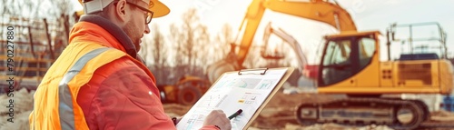 Civil engineer wearing hard hat and safety vest at a construction site