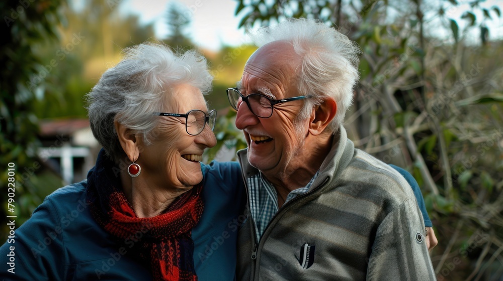 An elderly couple is smiling and laughing together. An elderly couple is smiling and laughing together.