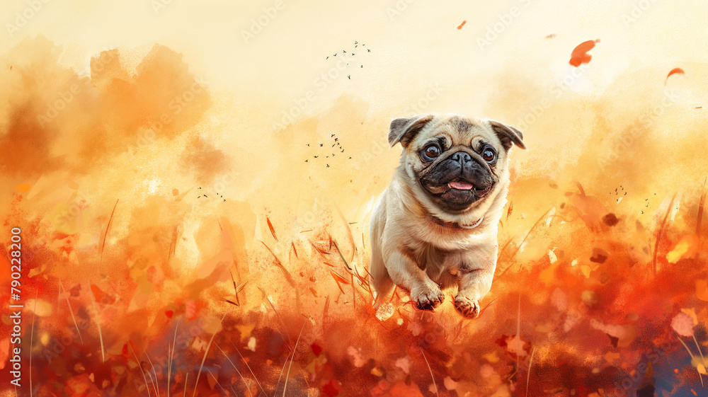 A pug dog is running through a field of red flowers