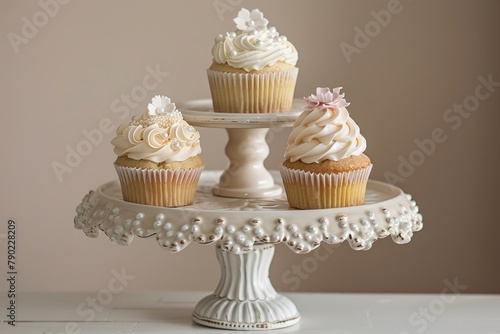 Cupcakes with white frosting on a vintage cake stand.