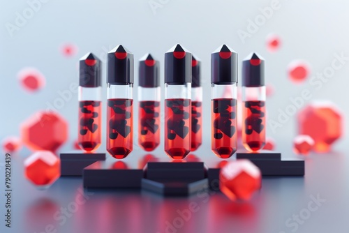 Red liquid in glass tubes on a black podium with floating red crystals around them photo
