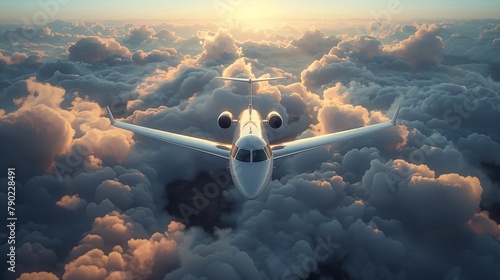 Panorama view of  airplane flying above  clouds photo