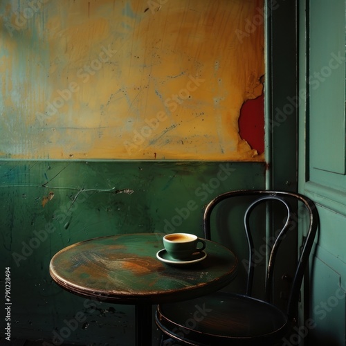 An old wooden table and chair sit in a corner of a room. The walls are painted green and yellow, and the paint is peeling. There is a cup of coffee on the table.
