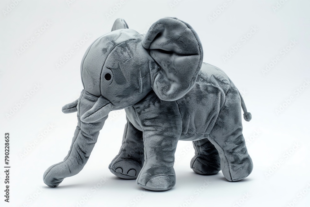 Plush elephant, soft gray, watercolor, side angle, cuddly appearance