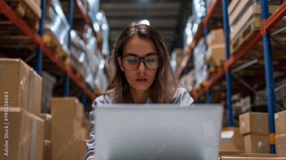 Female Manager Using Laptop Computer To Check Inventory. Warehouse Retail Center with Cardboard boxes, e-Commerce Online Orders, Products Supply Female Manager Using Laptop Computer To Check Inventory. Warehouse Retail Center with Cardboard boxes, e-Commerce Online Orders, Products Supply