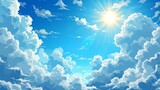 Blue sky with clouds. Anime style background with shining sun and white fluffy clouds. Heavens with bright weather,