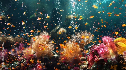 Underwater coral reef with many tropical fish