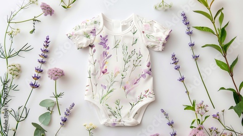 Romper with floral design, watercolor, lavender and green, direct front view, light shading