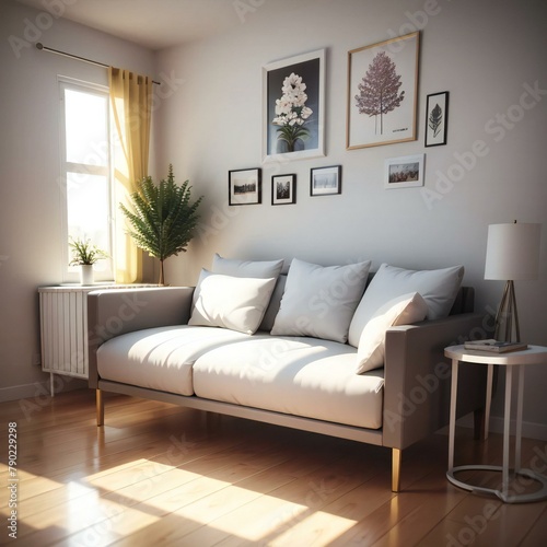 A cozy living room with a white sofa  decorative plants  and framed botanical prints on the wall  bathed in natural sunlight.