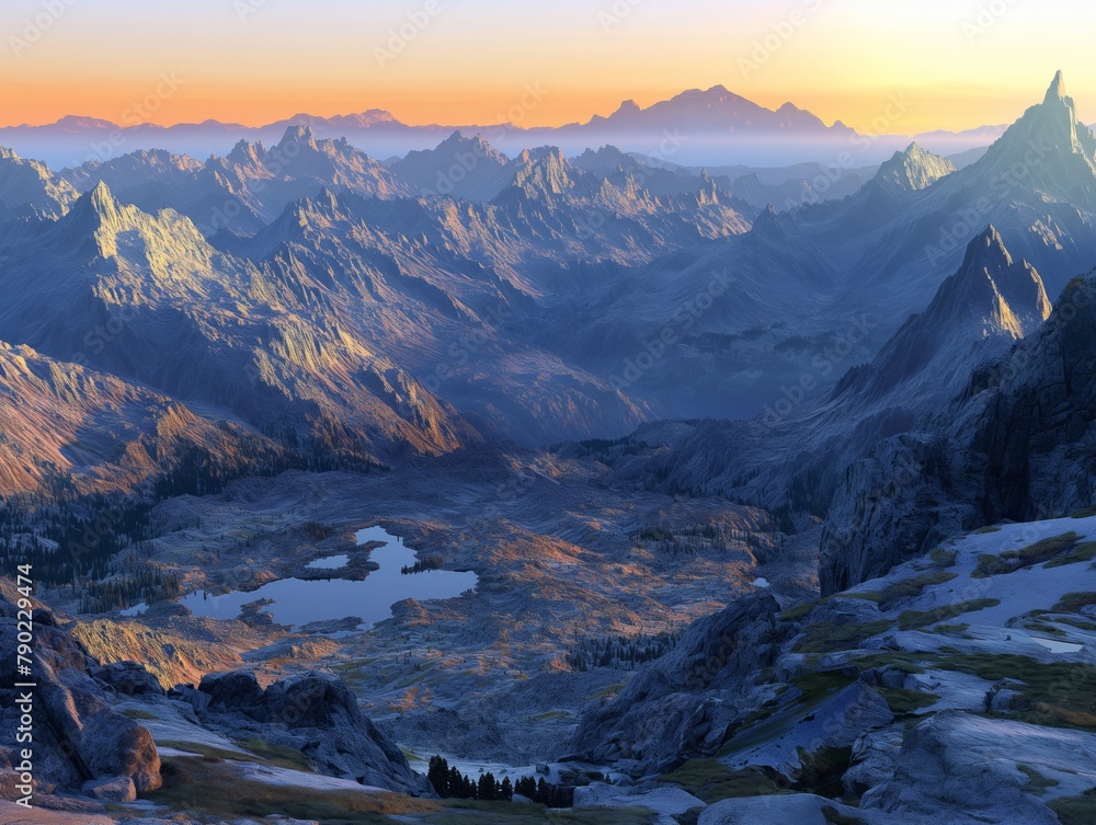 A mountain range with a lake in the foreground. The sky is orange and the mountains are covered in snow