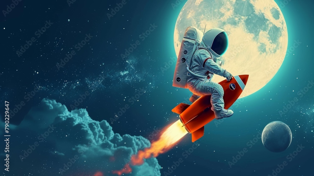 Naklejka premium Astronaut on a rocket on the background of the moon and space