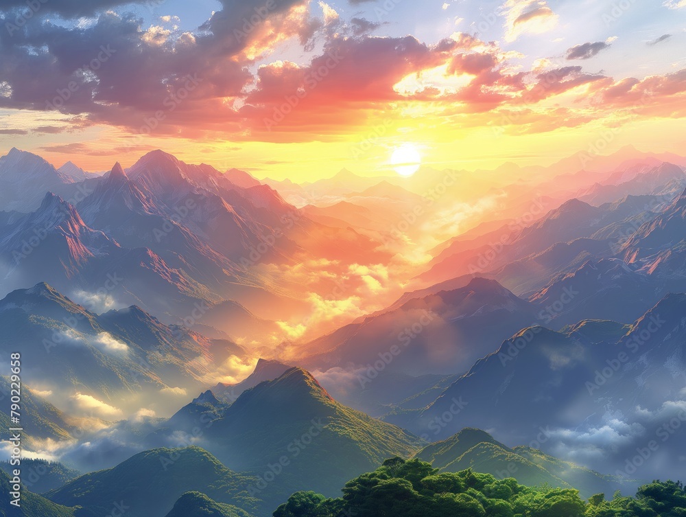 A mountain range with a beautiful sunset in the background. The sky is filled with clouds and the sun is setting behind the mountains. Scene is serene and peaceful, as the mountains