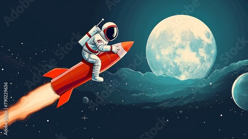 Astronaut on a rocket on the background of the moon and space