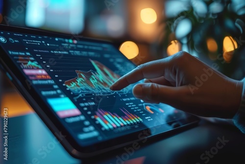 business analysis hand closeup operate tablet show business data calculate financial chart with light bokeh background business concept photo