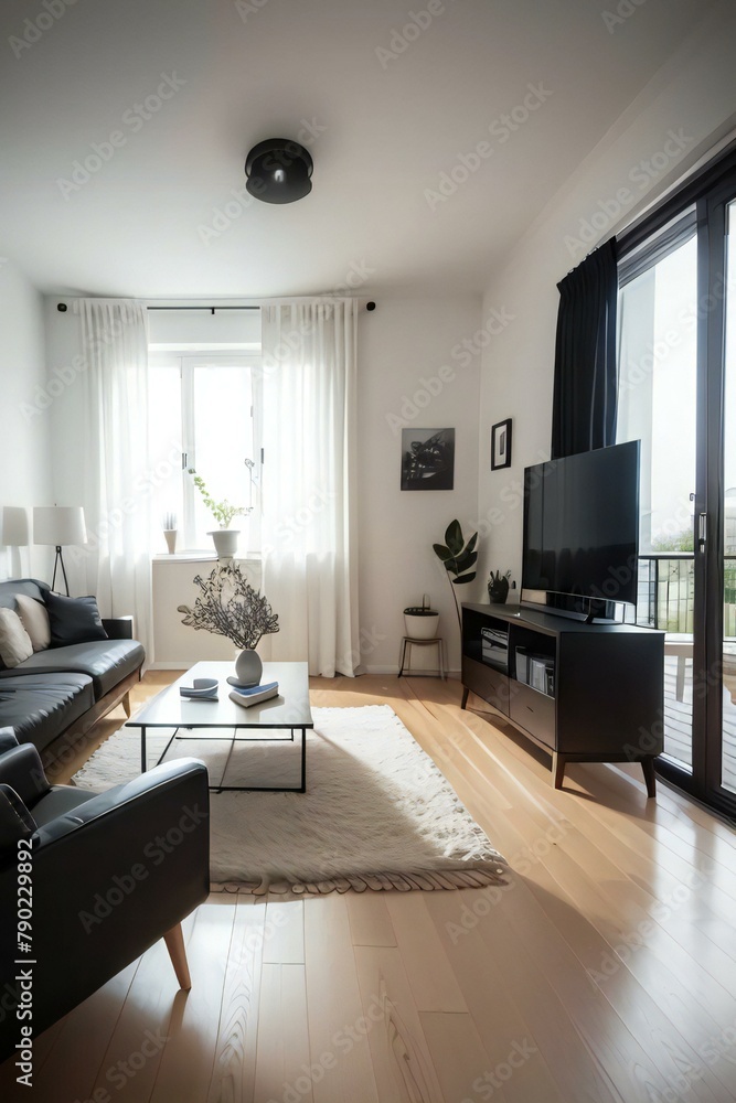 Fototapeta premium Modern living room with natural light, featuring a sofa, TV, coffee table, and balcony doors.