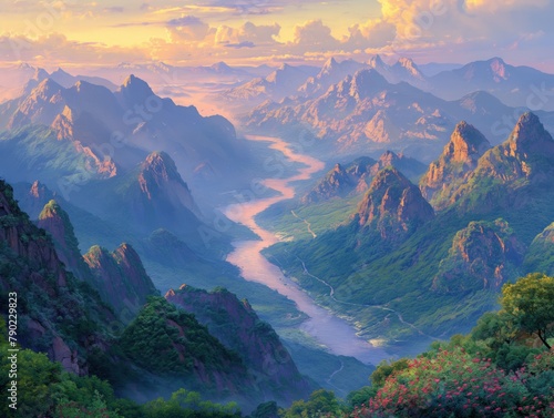 A beautiful mountain range with a river running through it. The mountains are covered in lush green trees and the sky is a mix of blue and orange. The scene is serene and peaceful, with the mountains