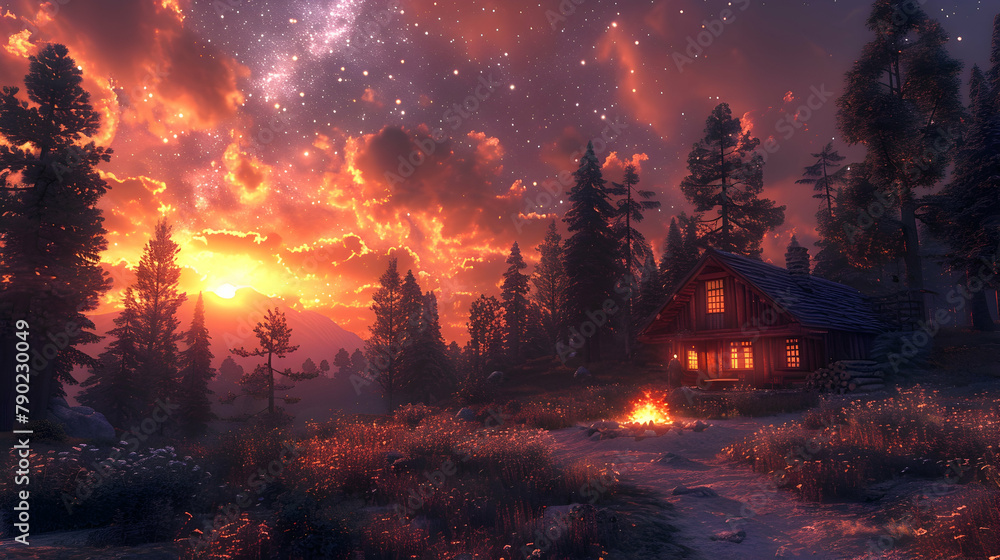 A cozy fire pit area in the backyard of a rural home, surrounded by wildflowers and under a star-filled sky A cozy fire pit area in the backyard of a rural home, surrounded by wildflowers and under a star-filled sky