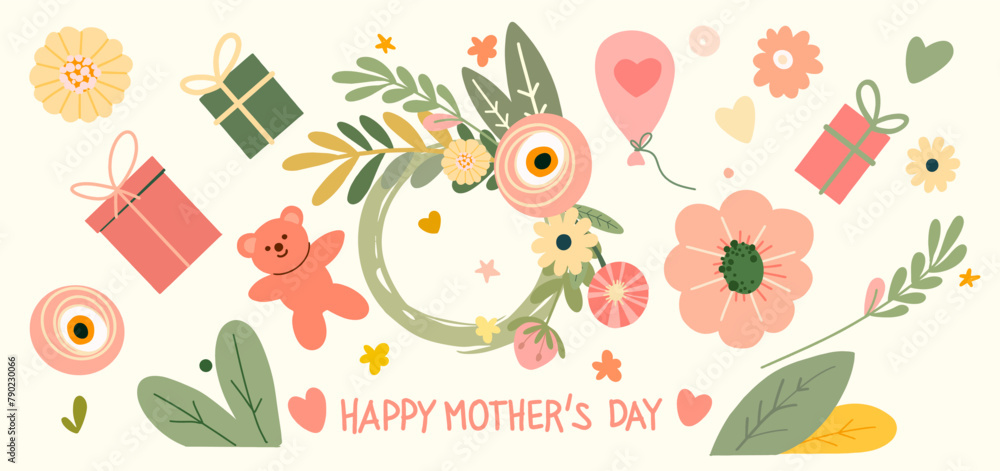 Happy Mother's Day - cute composition of cartoon flat elements in vintage color scheme. For banners, posters, cards, labels, stickers, advertising. Spring digital illustration. Happy Mother's Day - cute composition of cartoon flat elements in vintage color scheme. For banners, posters, cards, labels, stickers, advertising. Spring digital illustration.