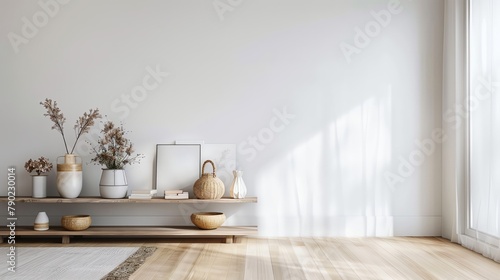 Scandinavian photo album nook, 3D render, light wood, simple white spaces, understated design