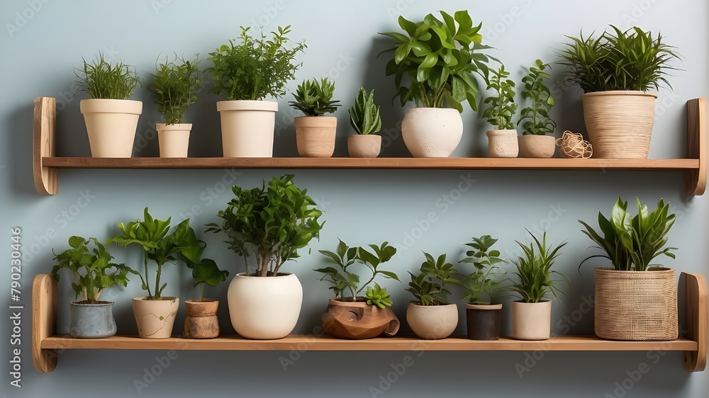 wooden shelves adorned with lovely plants. potted plants used as wall décor.