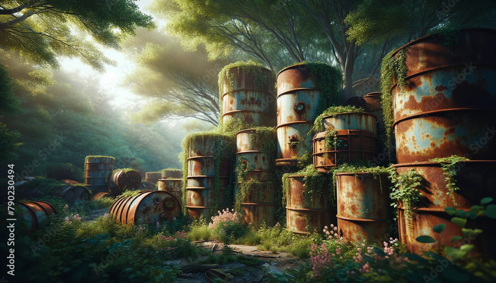Naklejka premium Sunlit forest with overgrown rusty barrels