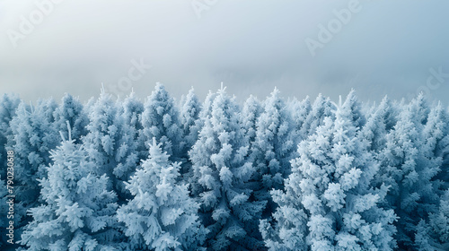 A drone photograph of a snowy forest, the trees dusted with white, standing stark against a gray winter sky