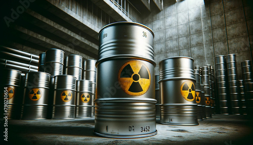 Hazardous radioactive waste barrels in a storage facility. photo