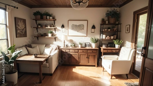 Cozy and stylish living room with natural light  featuring wooden furniture  plants  and decorative shelves.