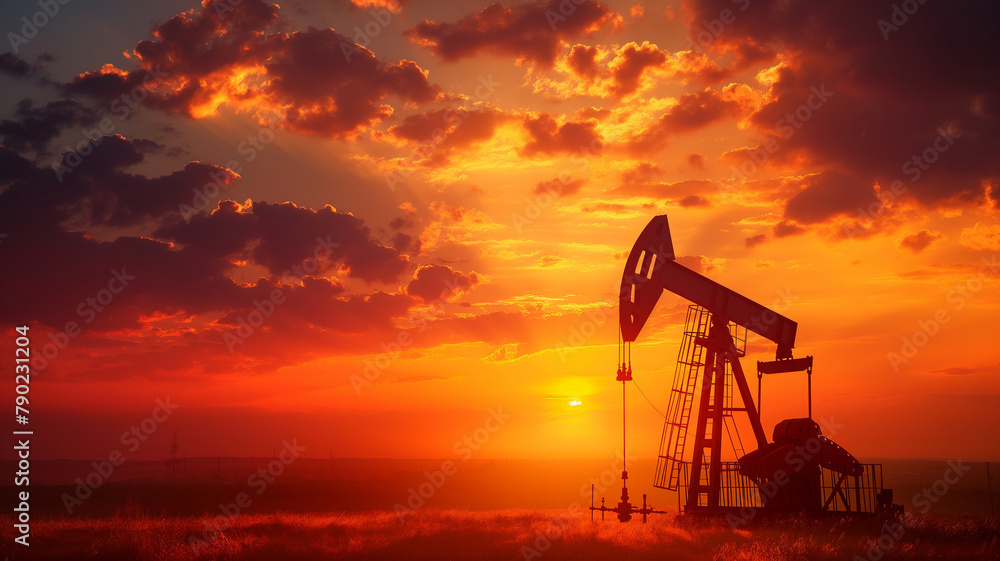 A sunset over a field with a large oil pump A sunset over a field with a large oil pump