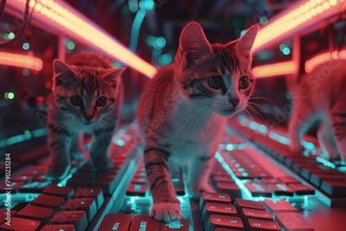 A kitten walking on the keyboard with a red and blue background. photo