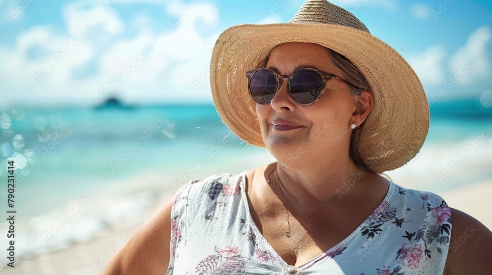 Chubby woman in floral dress and straw hat admiring the tranquil sea Chubby woman in floral dress and straw hat admiring the tranquil sea