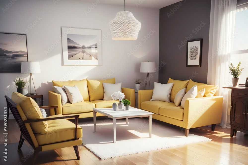 Fototapeta premium Elegant living room interior with yellow sofas, white cushions, and stylish decor. Sunlight illuminates the space, creating a warm, inviting atmosphere.