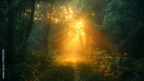 A forest path lit by the soft light of dawn  the leaves overhead filtering the light into a warm glow