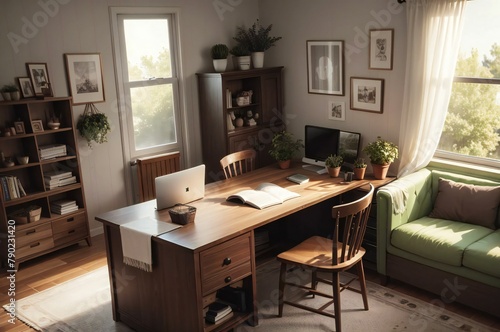 Cozy home office with a wooden desk, laptop, books, and plants, bathed in warm sunlight. © home 3d